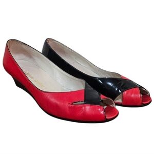 Vintage Open Toe Wedge Heels Red Leather Black Patent Leather - Women's Size 8.5